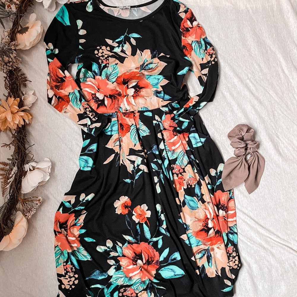 JessaKae Dark Navy Floral Dress with Pockets